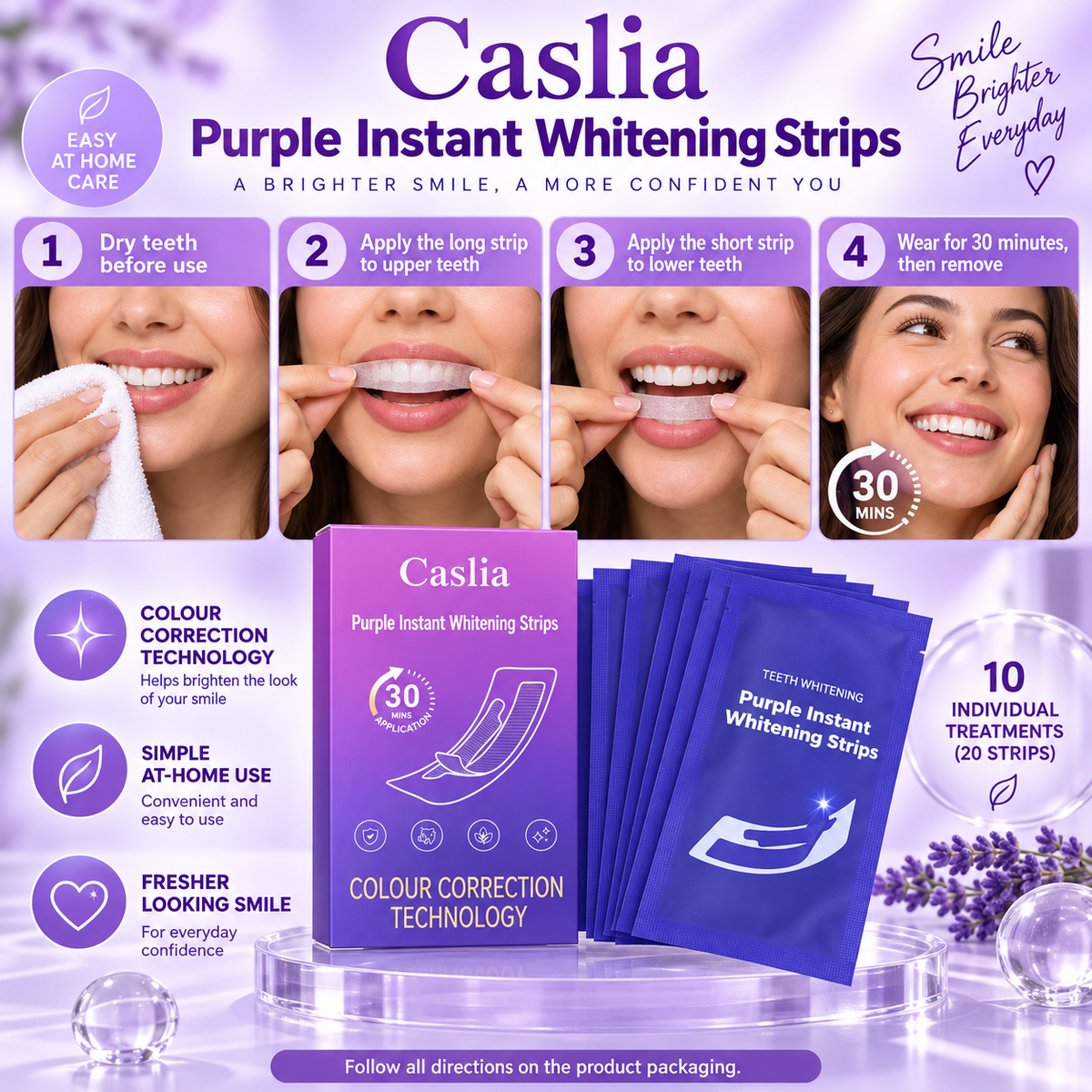 Caslia Purple Color-Correcting Instant Whitening Strips